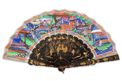 Lot 629 - A CHINESE BLACK LACQUER AND PAPER CANTON FAN...