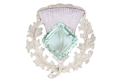 Lot 24 - An aquamarine, enamel and diamond thistle...