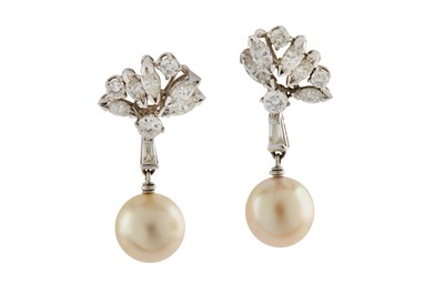 Lot 189 - A pair of cultured pearl and diamond earrings...