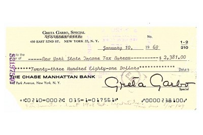 Lot 116 - Garbo (Greta) Cheque signed ('Greta Garbo')...
