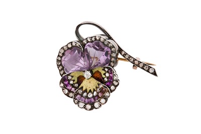 Lot 14 - An amethyst, diamond and enamel pansy brooch,...