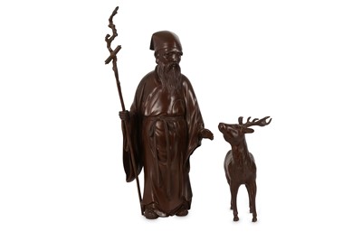 Lot 1075 - A BRONZE GROUP OKIMONO OF A SAGE AND A DEER....