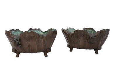 Lot 1077 - A PAIR OF BRONZE LOTUS LEAF BOWLS. Meiji...