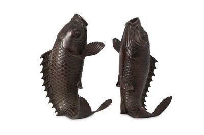 Lot 1070 - A PAIR OF BRONZE CARP VASES. Meiji period....