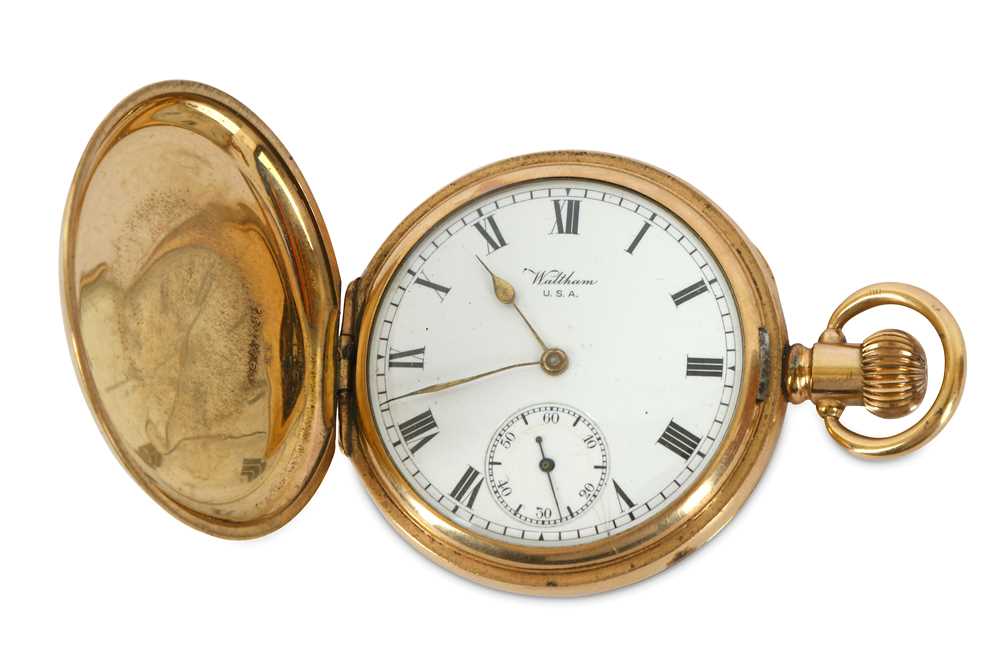 Lot 608 - A GOLD PLATED WALTHAM HALF HUNTER POCKET WATCH...