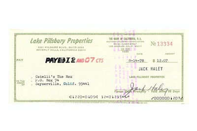 Lot 122 - Haley (Jack) Cheque issued by Lake Pillsbury...
