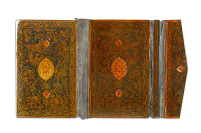 Lot 244 - *A FLAPPED QAJAR LACQUERED PAPIER-MÂCHÉ BOOK...