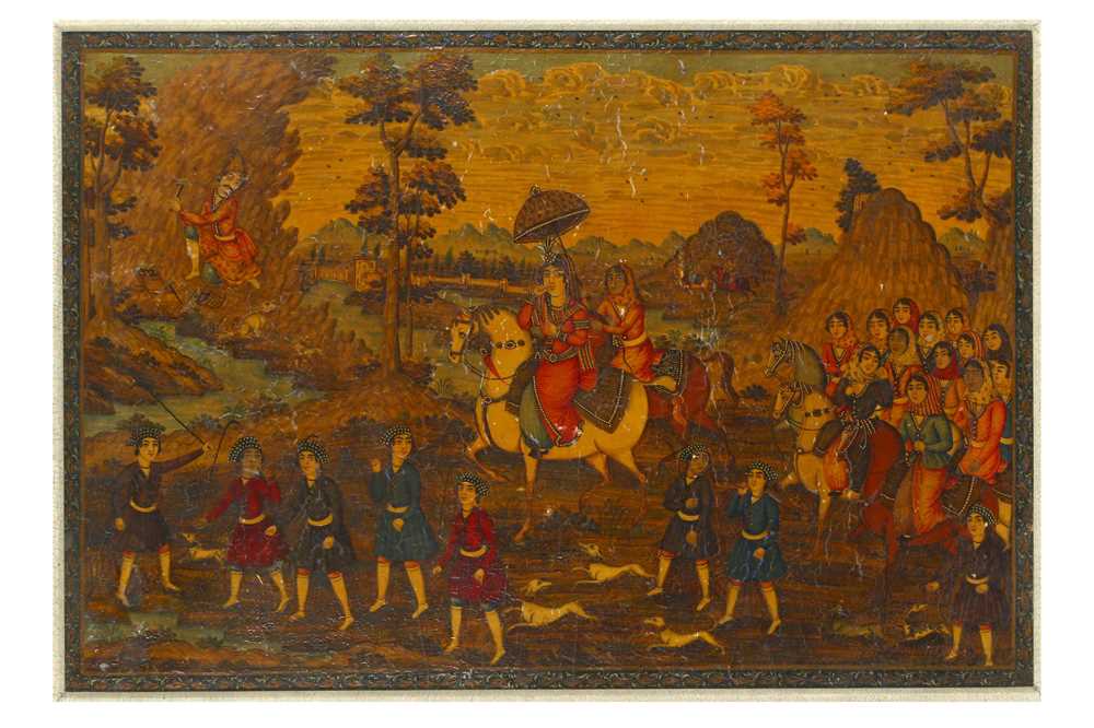 Lot 237 - *A QAJAR LACQUERED PAPIER-MÂCHÉ PANEL: SHIRIN...