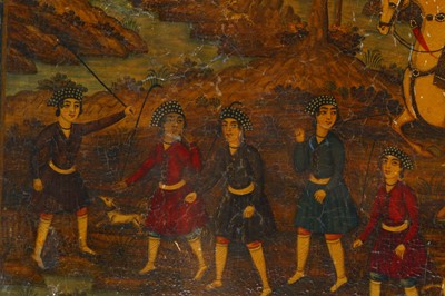 Lot 237 - *A QAJAR LACQUERED PAPIER-MÂCHÉ PANEL: SHIRIN...