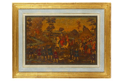 Lot 237 - *A QAJAR LACQUERED PAPIER-MÂCHÉ PANEL: SHIRIN...