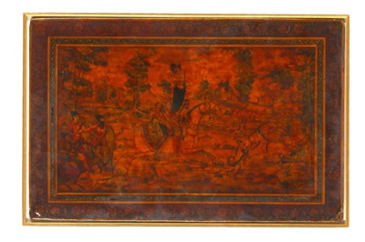 Lot 236 - *A QAJAR LACQUERED PAPIER-MÂCHÉ PANEL: FATH'...