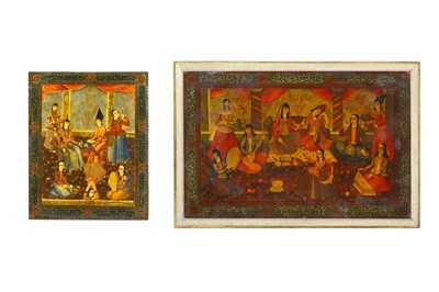 Lot 245 - *TWO QAJAR LACQUERED PAPIER-MÂCHÉ PANELS WITH...