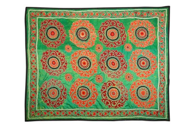 Lot 113 - AN EMBROIDERED TASHKENT GREEN SUZANI...