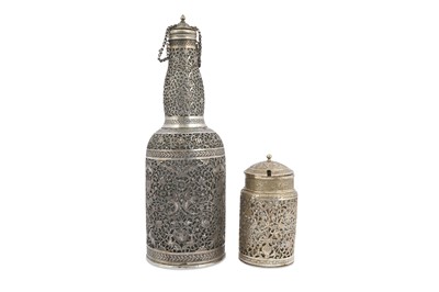 Lot 259 - A RETICULATED SILVER BOTTLE AND SMALL JAR ...