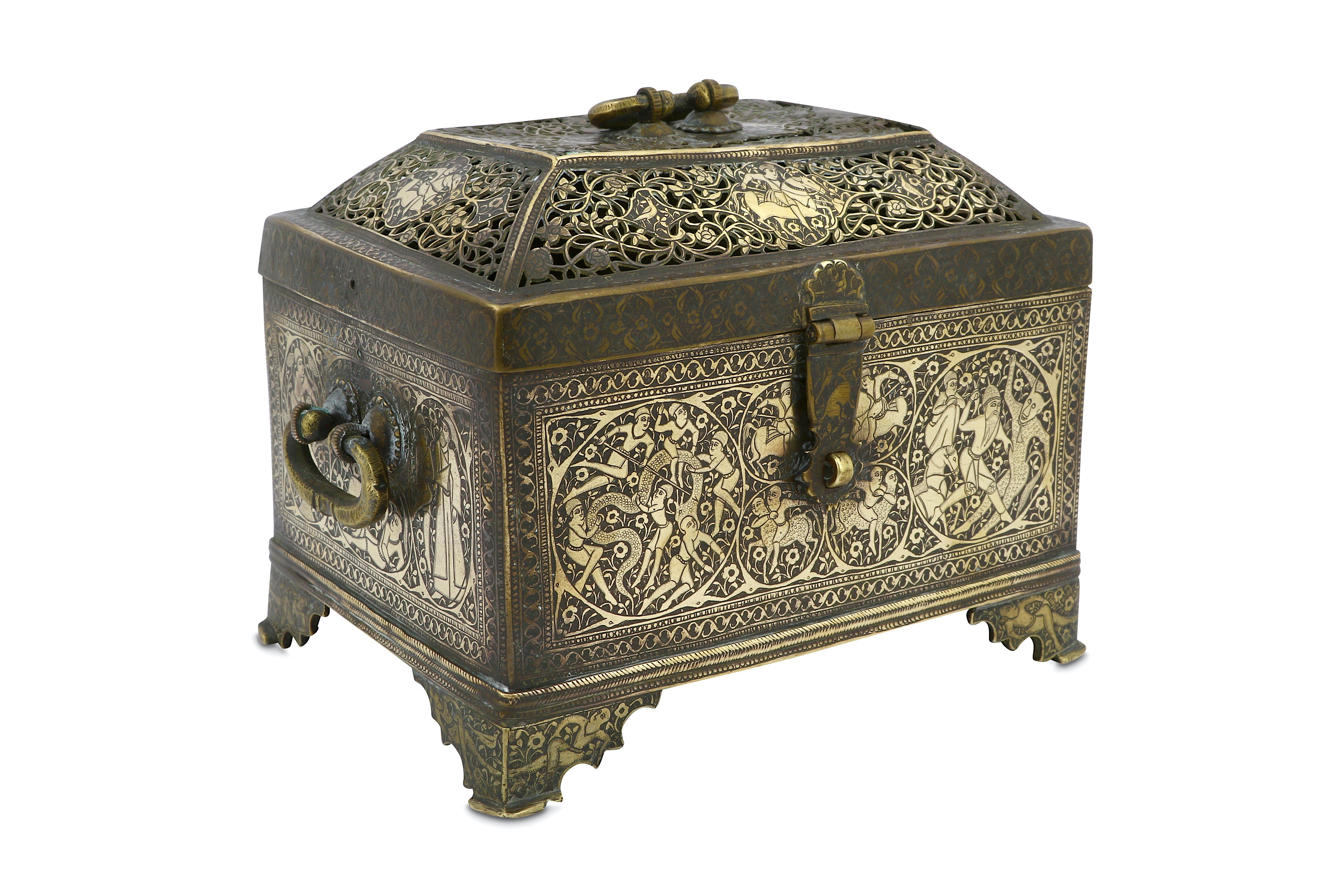 Lot 138 - AN ENGRAVED AND PIERCED BRASS CASKET