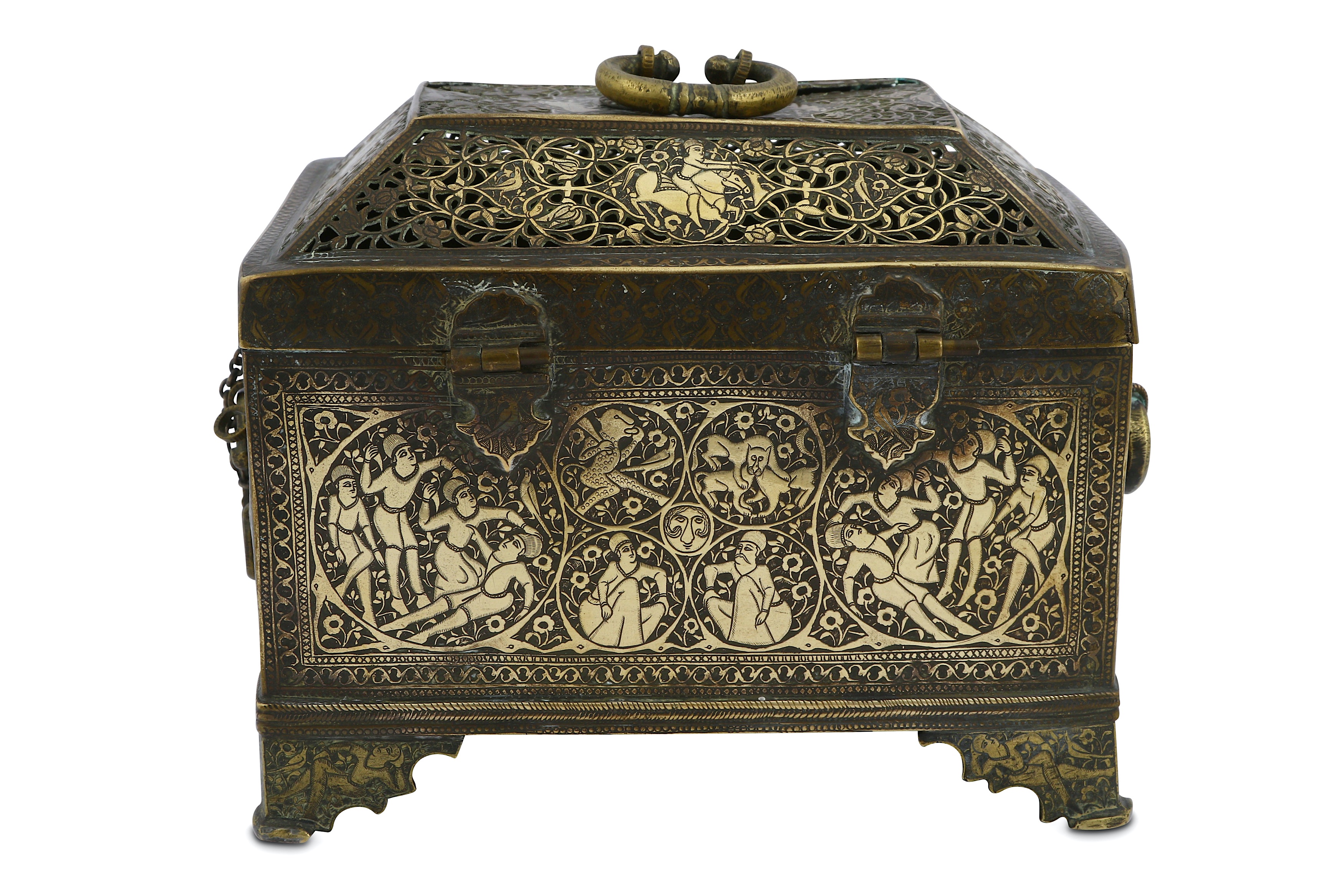 Lot 138 - AN ENGRAVED AND PIERCED BRASS CASKET