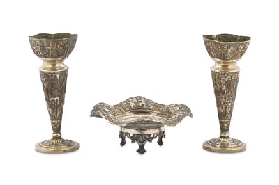 Lot 257 - TWO SILVER REPOUSSÉ CANDLESTICKS AND A SMALL...