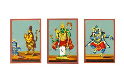 Lot 206 - THREE MICA PAINTINGS WITH HINDU GODS...