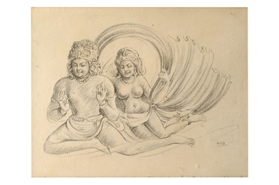 Lot 176 - A PENCIL DRAWING OF A FLYING GANDHARVA WITH AN...
