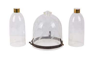 Lot 192 - Three brass pendant lights with three domed...