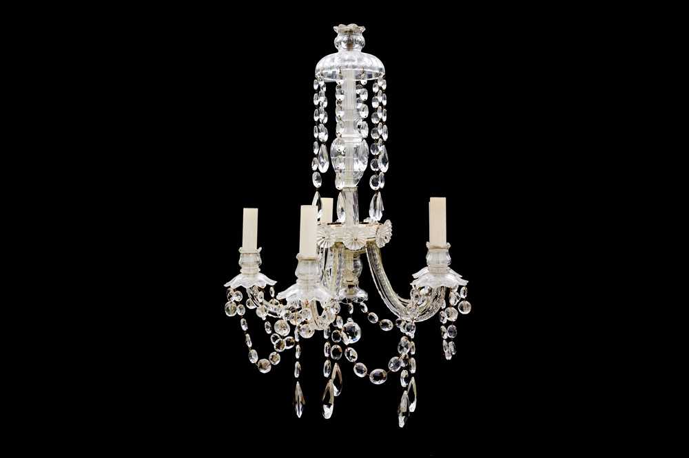 Lot 300 - A glass five branch chandelier, with a...