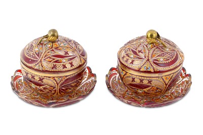 Lot 143 - A PAIR OF RED AND GILT BOHEMIA CUT-GLASS BOWLS...