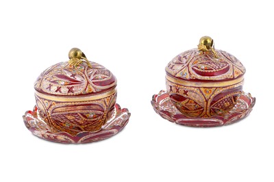 Lot 143 - A PAIR OF RED AND GILT BOHEMIA CUT-GLASS BOWLS...