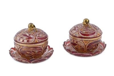 Lot 143 - A PAIR OF RED AND GILT BOHEMIA CUT-GLASS BOWLS...