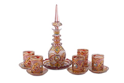 Lot 148 - A SET OF FIVE RED AND GILT BOHEMIA CUT-GLASS...