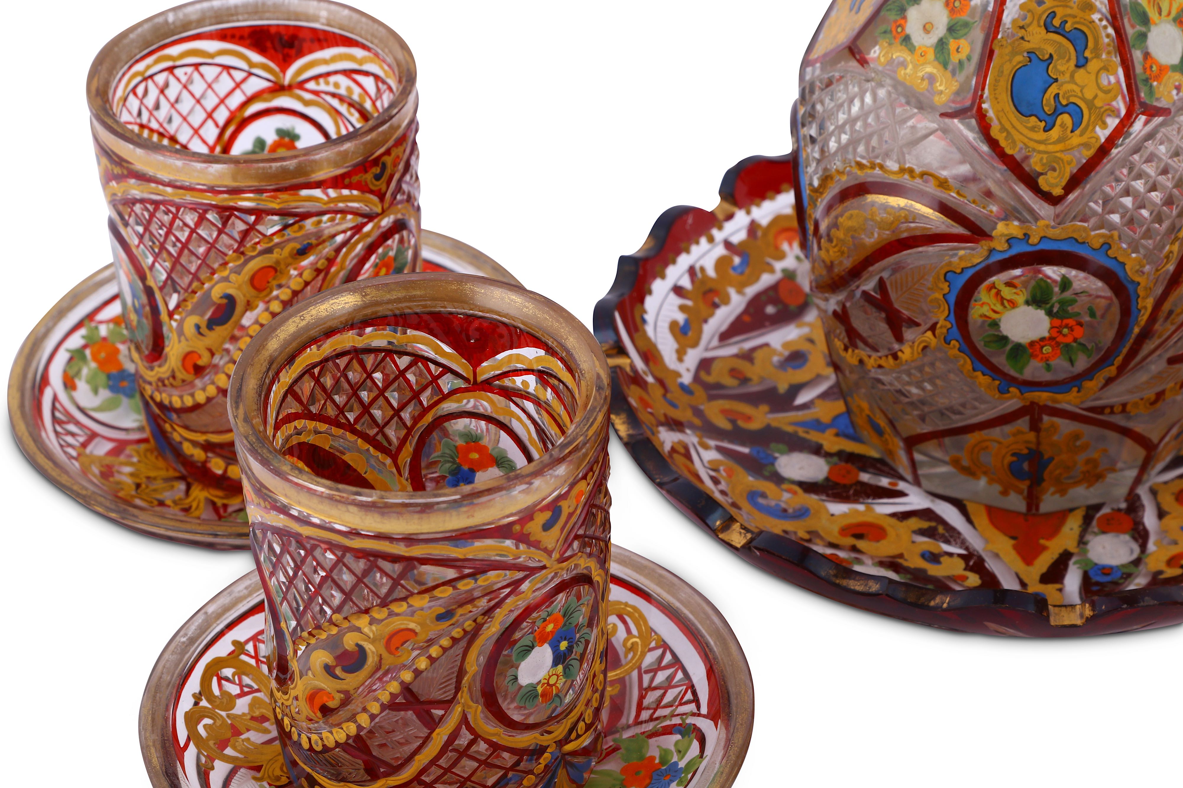 Lot 148 - A SET OF FIVE RED AND GILT BOHEMIA CUT-GLASS