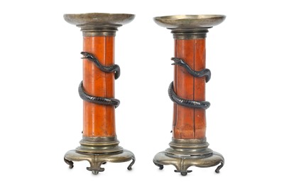 Lot 1081 - A PAIR OF CANDLE HOLDERS. 19th Century. The...