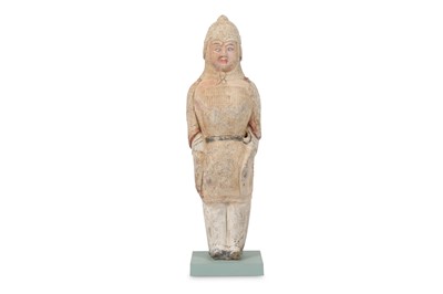 Lot 684 - A CHINESE POTTERY FIGURE OF A WARRIOR. Tang...