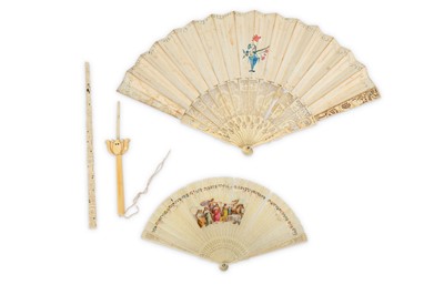 Lot 708 - TWO IVORY FANS AND TWO FAN HANDLES. Qing...