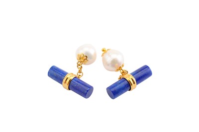Lot 27 - A pair of cultured pearl and lapis lazuli...