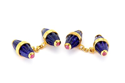 Lot 314 - A pair of ruby and lapis lazuli cufflinks,...