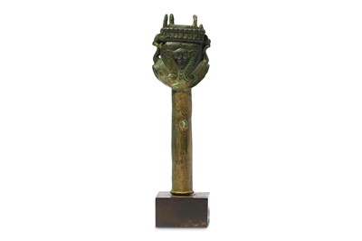 Lot 27 - AN EGYPTIAN BRONZE SISTRUM HANDLE Late Period,...