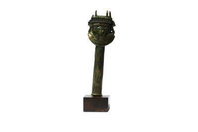Lot 27 - AN EGYPTIAN BRONZE SISTRUM HANDLE Late Period,...