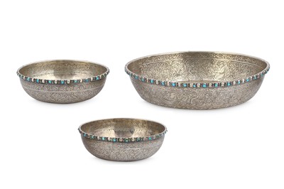 Lot 258 - TWO TURQUOISE-SET IRANIAN SILVER SAUCERS AND...