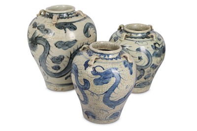 Lot 160 - THREE CHINESE BLUE AND WHITE SWATOW 'DRAGON'...