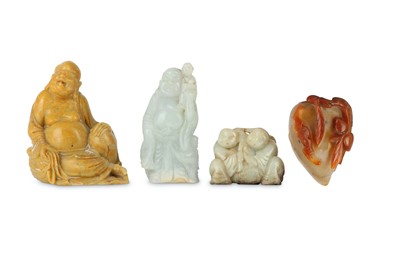Lot 656 - TWO CHINESE JADE CARVINGS, A SOAPSTONE FIGURE AND AN AGATE WASHER.