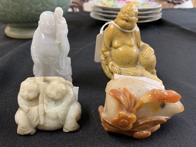 Lot 835 - TWO CHINESE JADE CARVINGS, A SOAPSTONE FIGURE AND AN AGATE WASHER.