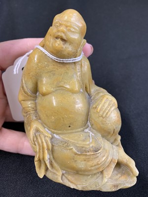 Lot 835 - TWO CHINESE JADE CARVINGS, A SOAPSTONE FIGURE AND AN AGATE WASHER.