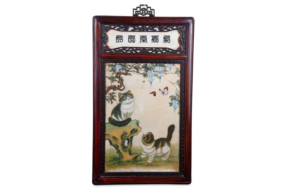 Lot 63 - A CHINESE MARBLE ‘CAT’ PANEL. 20th Century....