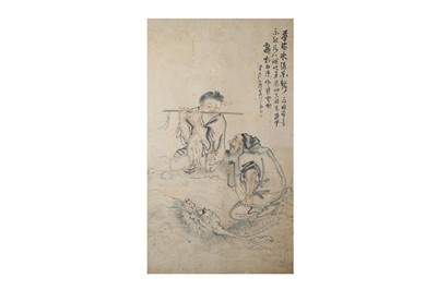 Lot 72 - WU DAOTIAN. Flute Player Above Dragon. ink and...
