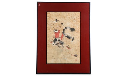 Lot 634 - A CHINESE PAINTING ON PAPER OF A BOY AND A CAT....