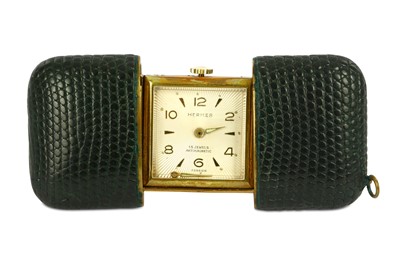 Lot 732 - Hermes Vintage Travel Clock, green lizard skin...