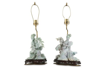 Lot 746 - A PAIR OF CHINESE APPLE GREEN JADEITE 'LADIES'...