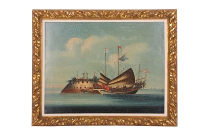 Lot 456 - A CHINESE PAINTING OF FOLLY FORT AND JUNK ON...