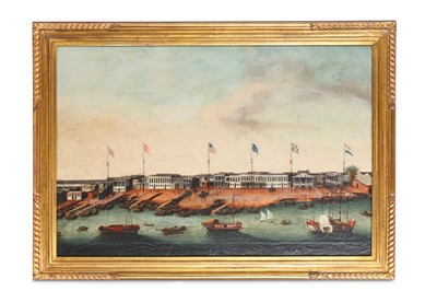 Lot 307 - A CHINESE PAINTING OF THE HONGS OF CANTON, QING DYNASTY (19TH CENTURY)