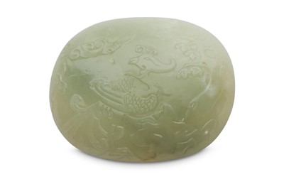 Lot 898 - A CHINESE PALE CELADON JADE OVAL 'PHOENIX'...